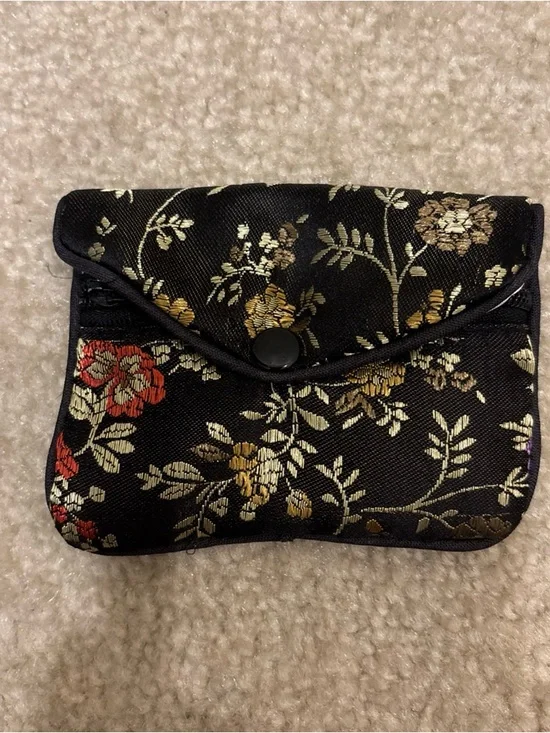 Asian Chinese Blue Black Gold Mini Pouch Bag Lot of 3 Floral Pattern Zip Button - Picture 7 of 12